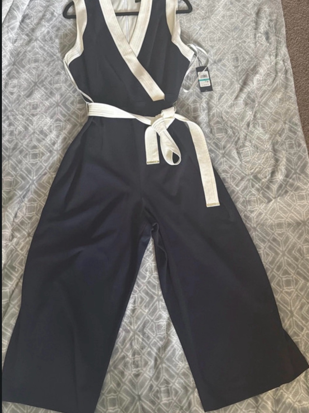 Tommy Hilfiger Black Sleeveless Jumpsuit with Cream Trim and Tie